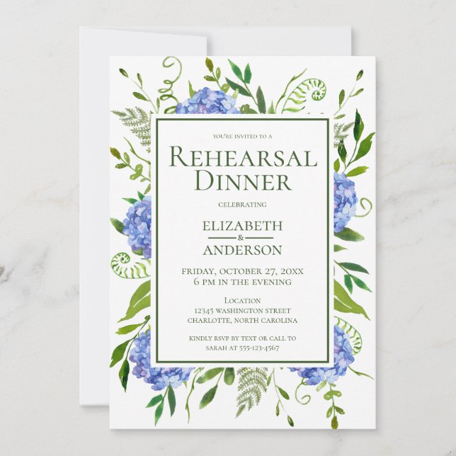 Blue Hydrangeas Rehearsal Dinner Invitation (Front)