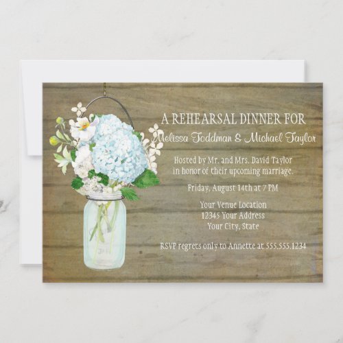 Blue Hydrangeas Rehearsal Rustic Country Mason Jar Invitation