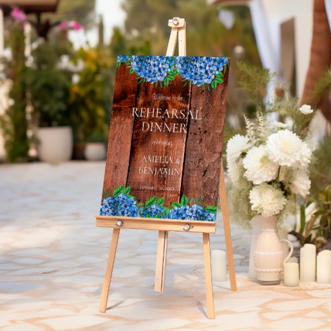 Blue Hydrangeas Rustic Wedding Rehearsal Dinner Foam Board (Front)