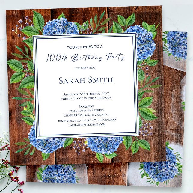 Blue Hydrangeas Rustic Wood 100th Birthday Party Invitation (Creator Uploaded)