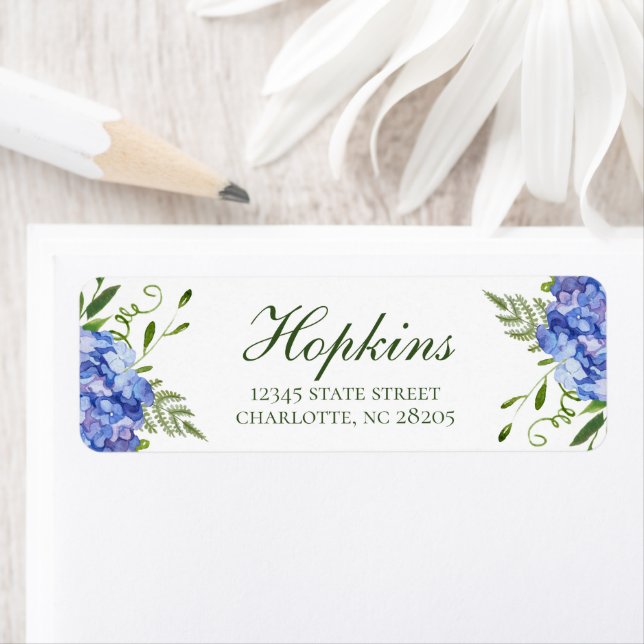 Blue Hydrangeas Script Rehearsal Dinner Address Label (Insitu)
