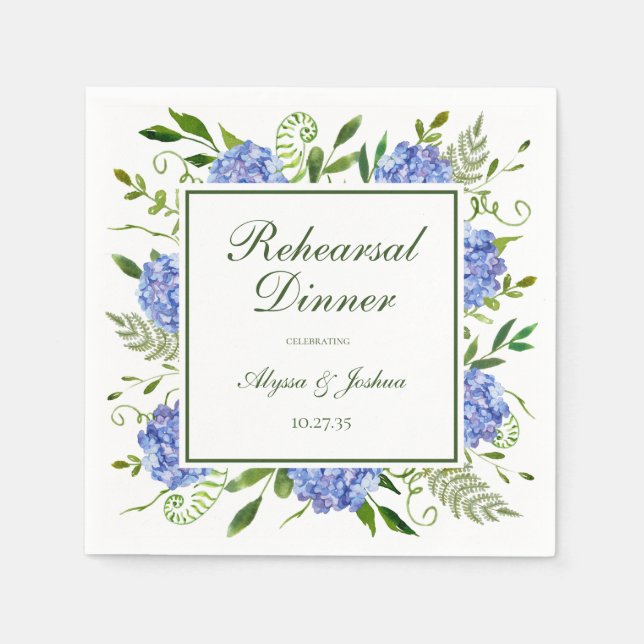 Blue Hydrangeas Script Rehearsal Dinner Napkins (Front)