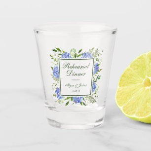Blue Hydrangeas Script Rehearsal Dinner Shot Glass