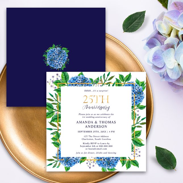 Blue Hydrangeas Surprise 25th Wedding Anniversary Invitation (Creator Uploaded)