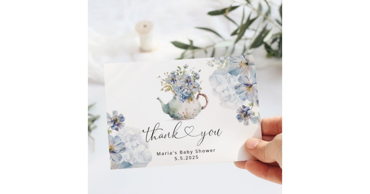 Blue hydrangeas teapot baby shower thank you card | Zazzle
