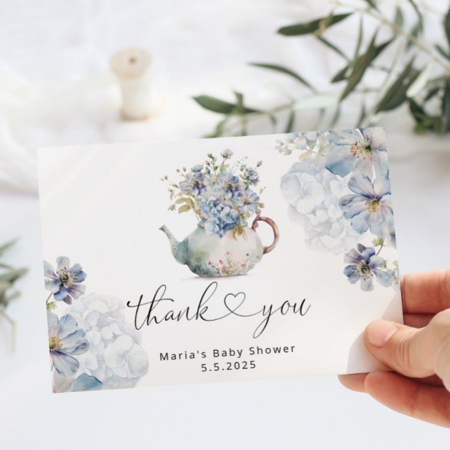 Blue hydrangeas teapot baby shower thank you card (Creator Uploaded)