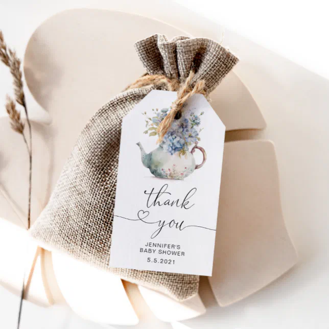 Blue Hydrangeas teapot baby shower thank you Gift Tags | Zazzle