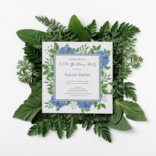 Blue Hydrangeas Watercolor 100th Birthday Party Invitation