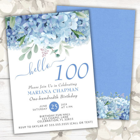 Blue Hydrangeas Watercolor Floral 100th Birthday Invitation