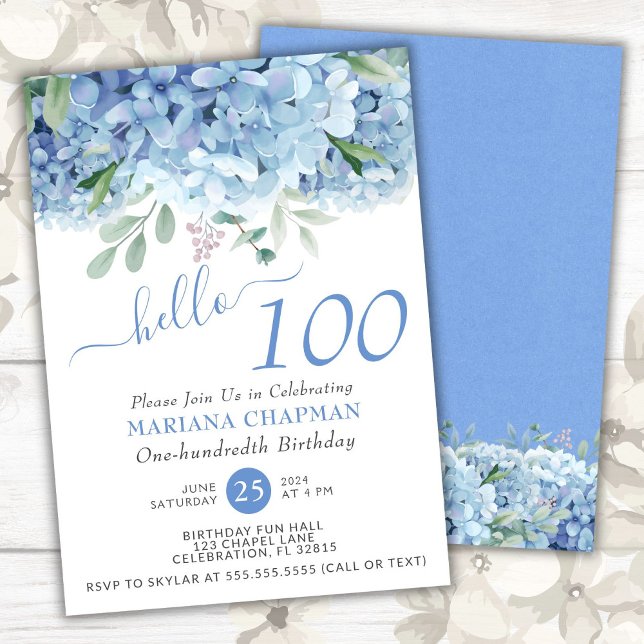 Blue Hydrangeas Watercolor Floral 100th Birthday Invitation (Creator Uploaded)