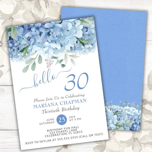 Blue Hydrangeas Watercolor Floral 30th Birthday Invitation