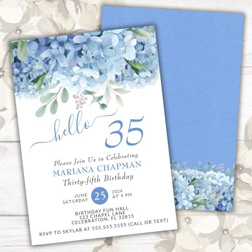 Blue Hydrangeas Watercolor Floral 35th Birthday Invitation