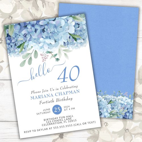 Blue Hydrangeas Watercolor Floral 40th Birthday In Invitation