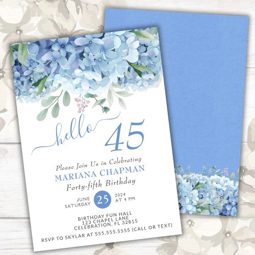 Blue Hydrangeas Watercolor Floral 45th Birthday Invitation