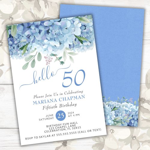 Blue Hydrangeas Watercolor Floral 50th Birthday In Invitation