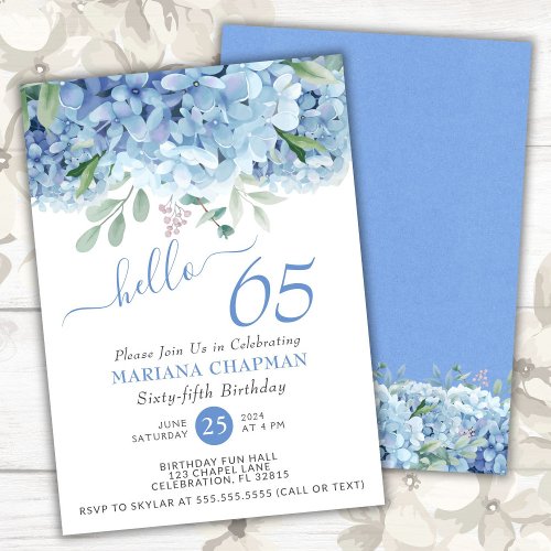 Blue Hydrangeas Watercolor Floral 65th Birthday Invitation