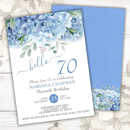 Blue Hydrangeas Watercolor Floral 70th Birthday In Invitation