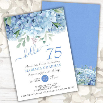 Blue Hydrangeas Watercolor Floral 75th Birthday Invitation by WittyPrintables at Zazzle