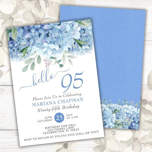 Blue Hydrangeas Watercolor Floral 95th Birthday Invitation