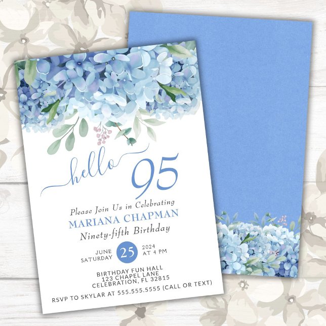 Blue Hydrangeas Watercolor Floral 95th Birthday Invitation (Creator Uploaded)