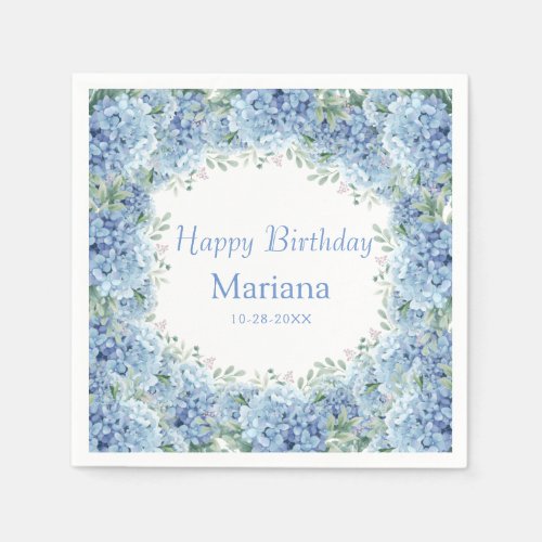 Blue Hydrangeas Watercolor Floral Birthday Napkins