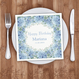 Blue Hydrangeas Watercolor Floral Birthday Napkins
