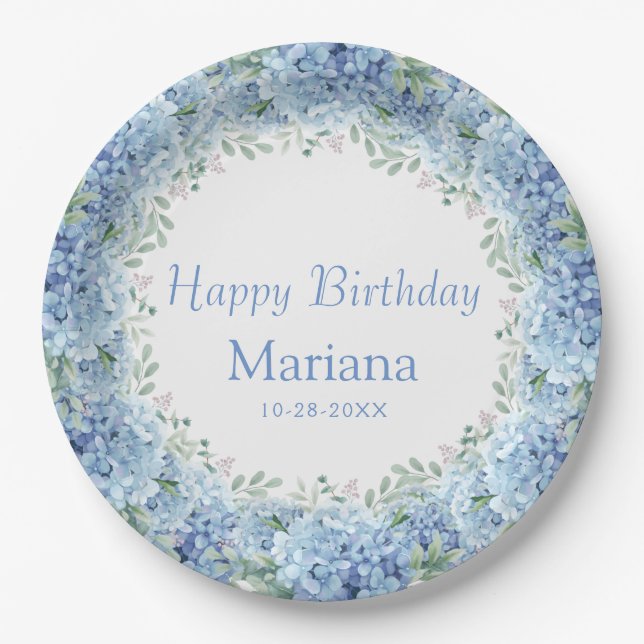 Blue Hydrangeas Watercolor Floral Birthday Paper Plates (Front)