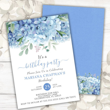 Blue Hydrangeas Watercolor Floral Birthday Party Invitation