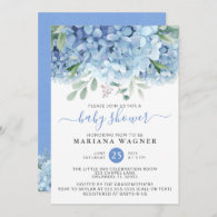 Blue Hydrangeas Watercolor Floral Boy Baby Shower  Invitation