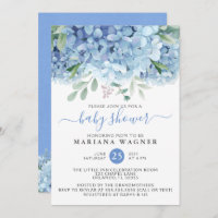 Blue Hydrangeas Watercolor Floral Boy Baby Shower  Invitation