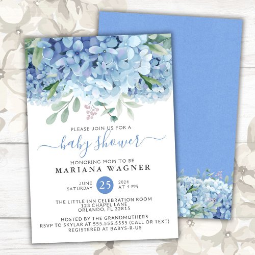 Blue Hydrangeas Watercolor Floral Boy Baby Shower  Invitation