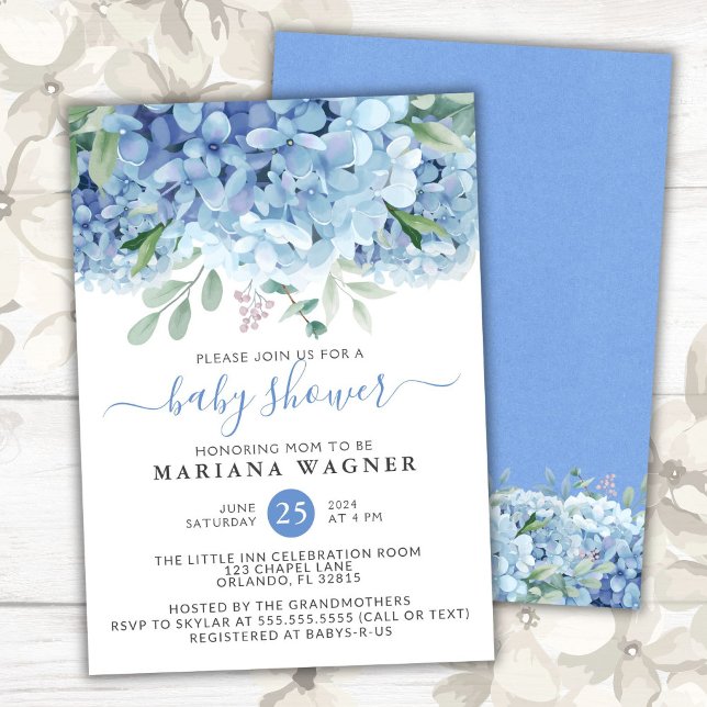 Blue Hydrangeas Watercolor Floral Boy Baby Shower  Invitation (Creator Uploaded)