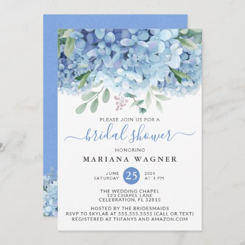 Blue Hydrangeas Watercolor Floral Bridal Shower In Invitation