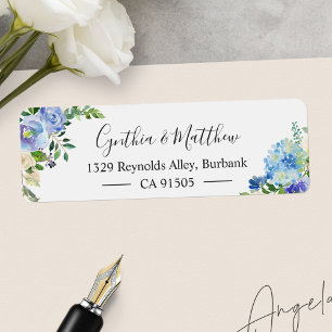 Blue Hydrangeas Watercolor Floral Elegant Chic Label