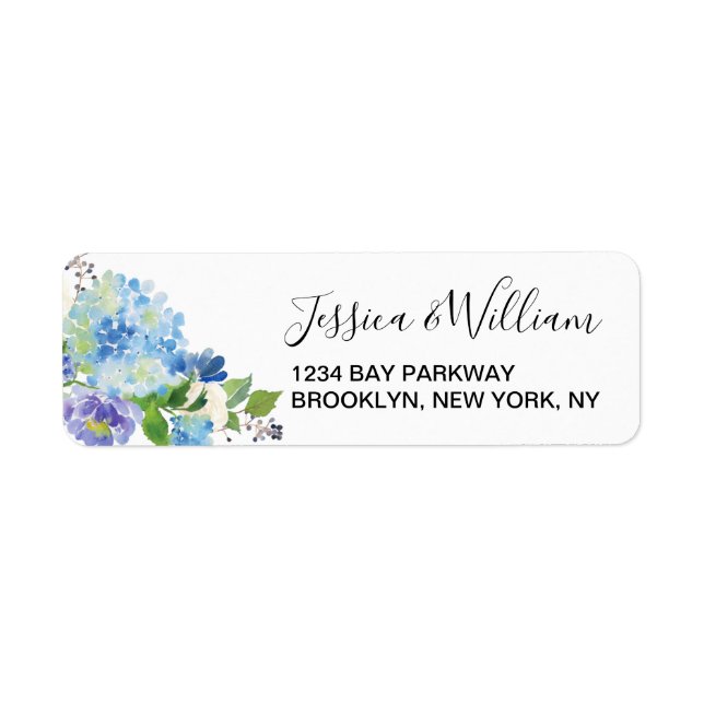 Blue Hydrangeas Watercolor Floral Elegant Chic Label (Front)