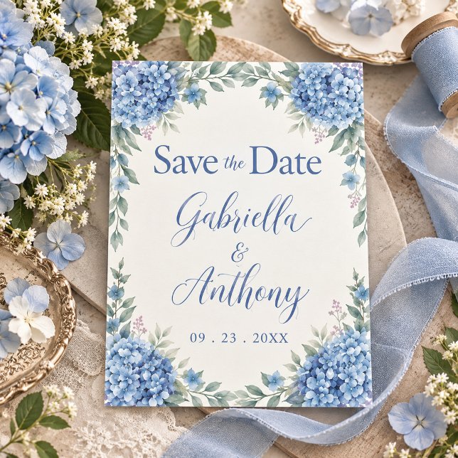 Blue Hydrangeas Watercolor Floral Script Save The Date (Creator Uploaded)