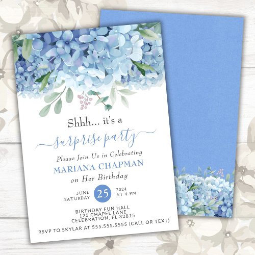 Blue Hydrangeas Watercolor Floral Surprise Party Invitation