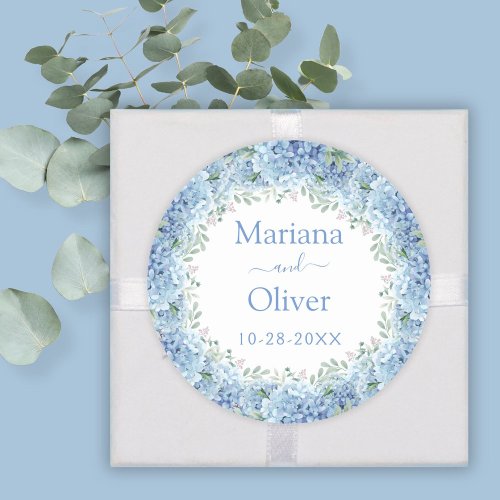 Blue Hydrangeas Watercolor Floral Wedding Classic Round Sticker
