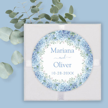 Blue Hydrangeas Watercolor Floral Wedding Classic Round Sticker by WittyPrintables at Zazzle