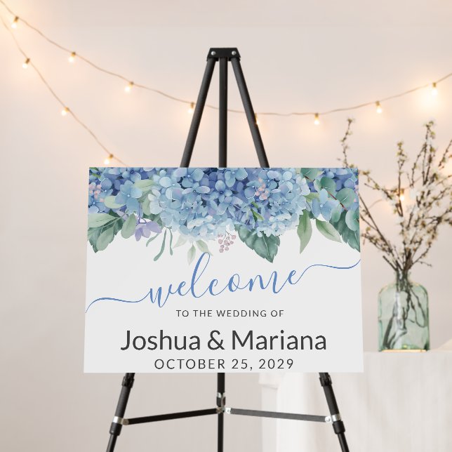 Blue Hydrangeas Watercolor Floral Wedding Foam Board (In Situ (Stand))