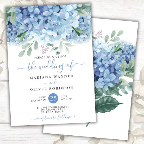 Blue Hydrangeas Watercolor Floral Wedding Invitation