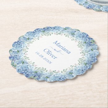 Blue Hydrangeas Watercolor Floral Wedding Paper Coaster by WittyPrintables at Zazzle