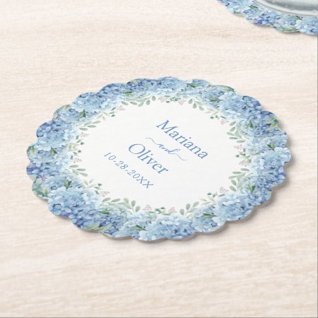 Blue Hydrangeas Watercolor Floral Wedding Paper Coaster