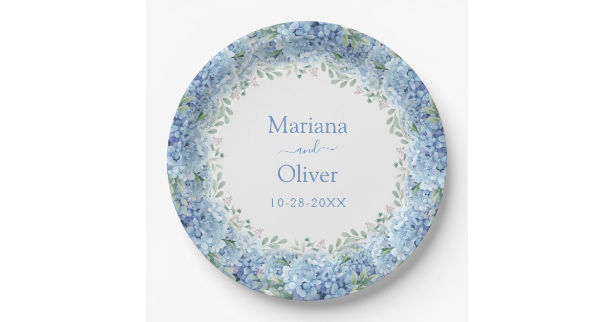Blue Hydrangeas Watercolor Floral Wedding Paper Plates | Zazzle