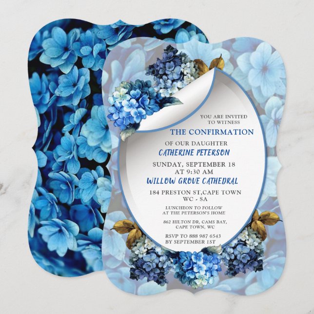 Blue Hydrangeas Watercolor Flowers Confirmation i Invitation (Front/Back)