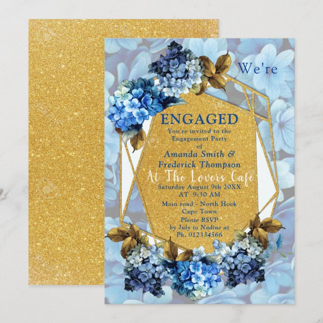 Blue Hydrangeas Watercolor Flowers Engagement Invitation (Front/Back)