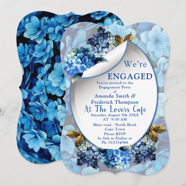 Blue Hydrangeas Watercolor Flowers Engagement Invitation (Front/Back)