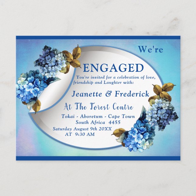 Blue Hydrangeas Watercolor flowers Engagement Invitation Postcard (Front)
