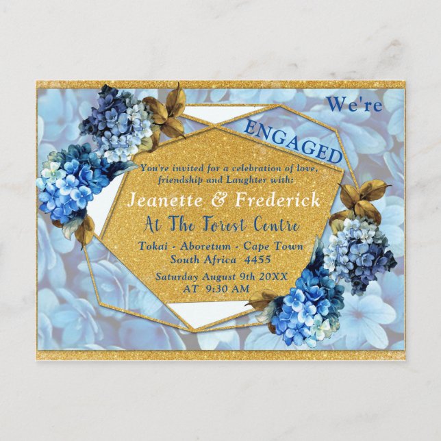 Blue Hydrangeas Watercolor flowers Engagement Invitation Postcard (Front)