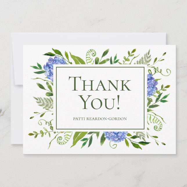 Blue Hydrangeas Watercolor Name Thank You Card (Front)